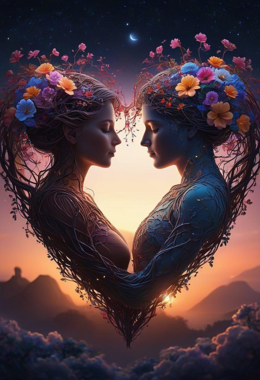 An intertwined heart and brain made of delicate vines and flowers, symbolizing the connection between love and intellect. In the background, silhouettes of couples engaging in intimate conversations under a starlit sky. Soft warm colors radiate to evoke feelings of passion and devotion. A glowing light illuminates the heart, suggesting warmth and understanding. Ethereal, dreamy style. vibrant colors. super-realistic.