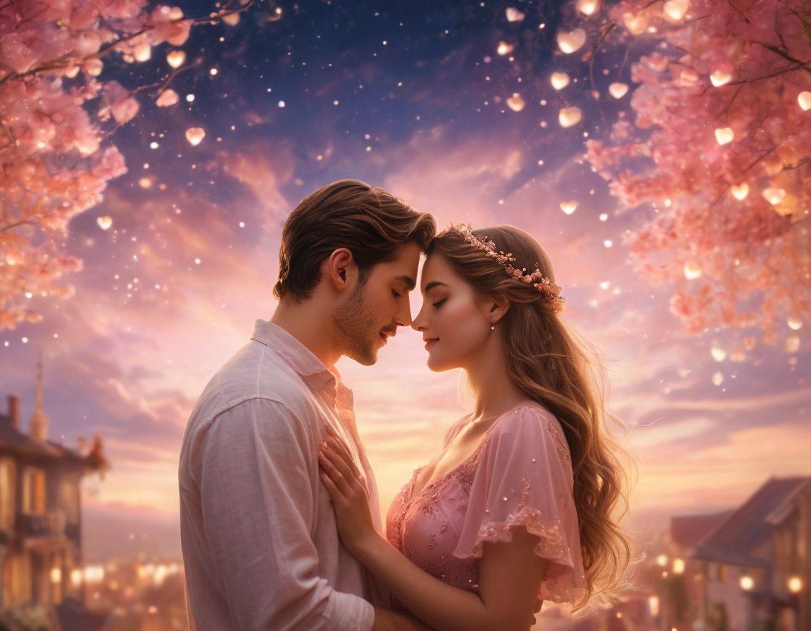 A warm, intimate scene depicting a couple sharing a loving gaze under a starlit sky, surrounded by glowing hearts and soft hues of pink and gold. Include ethereal elements like wisps of cloud in the background and scattered twinkling lights to enhance the romantic atmosphere. Capture the essence of love and connection in a dreamy, whimsical style. super-realistic. vibrant colors. soft focus.