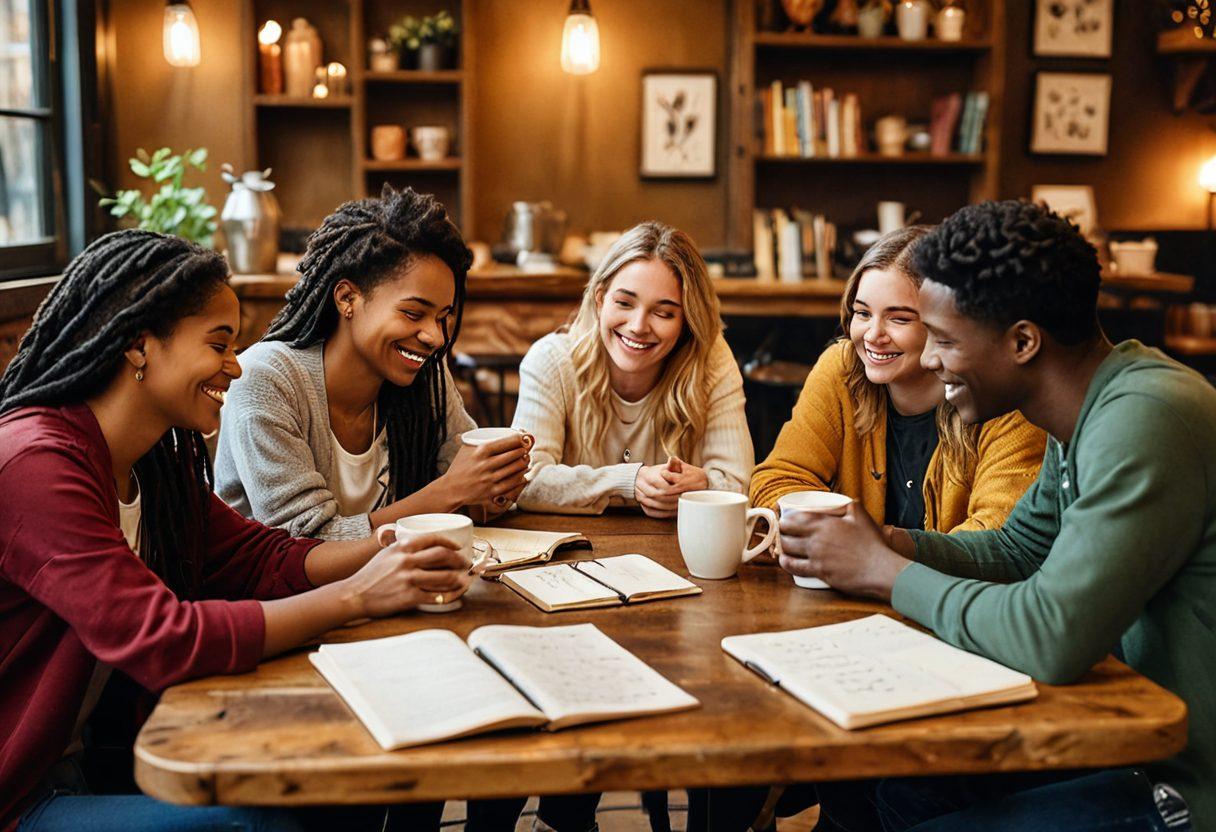 A warm, inviting scene depicting a diverse group of friends gathered in a cozy coffee shop, sharing intimate stories and laughter, with soft lighting and heartwarming expressions. Incorporate elements like steaming mugs, notebooks filled with thoughts, and a comforting ambiance to evoke a sense of community and support. Include symbols of love and connection like hearts and intertwined hands subtly in the background. super-realistic. warm colors. soft focus.